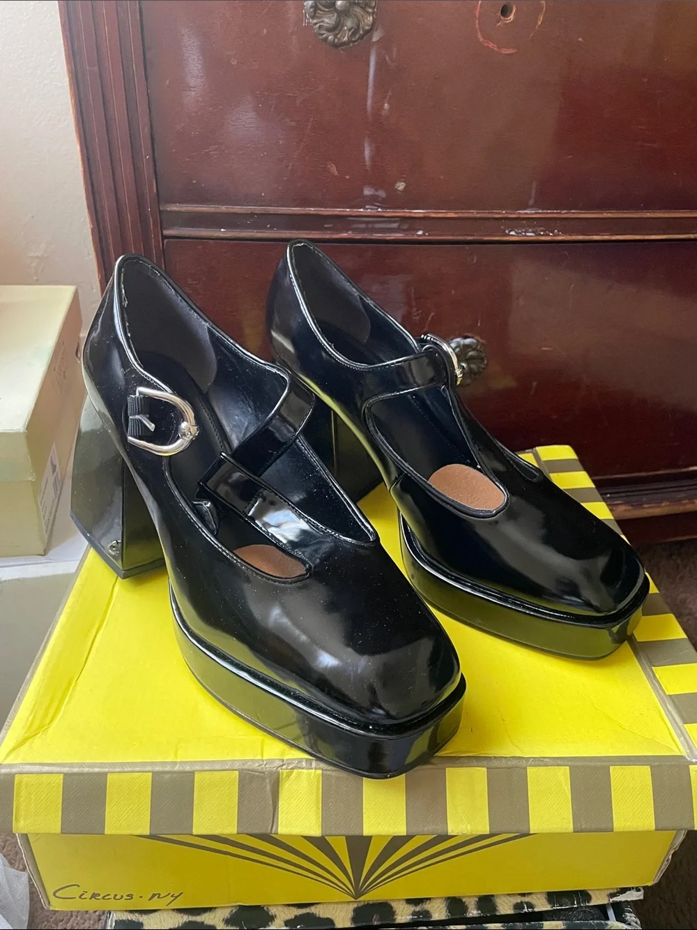 Patent Mary Jane Platform Heels - Black